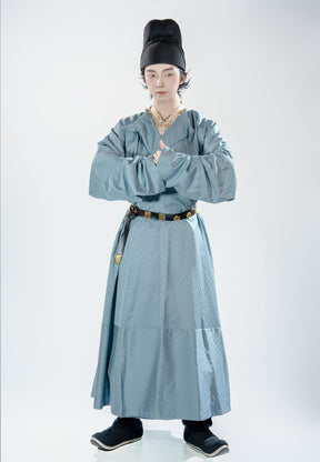 chinese tang dynasty men's blue hanfu round collar robe - Jianxi Hanfu
