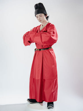 chinese tang dynasty men's red hanfu round collar robe - Jianxi Hanfu