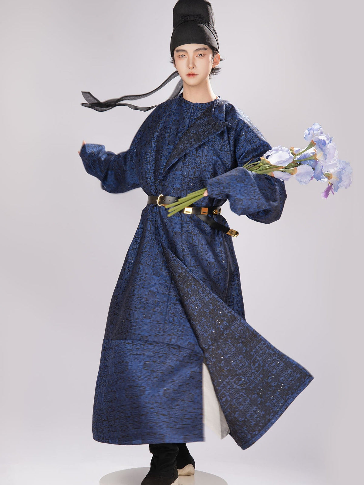 tang dynasty men's hanfu dark blue round collar robe - Jianxi Hanfu