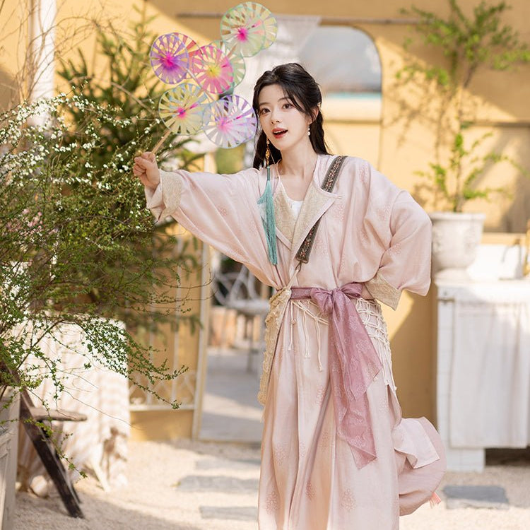 tang dynasty women's spring/autumn clothes pink round collar robe - Jianxi Hanfu