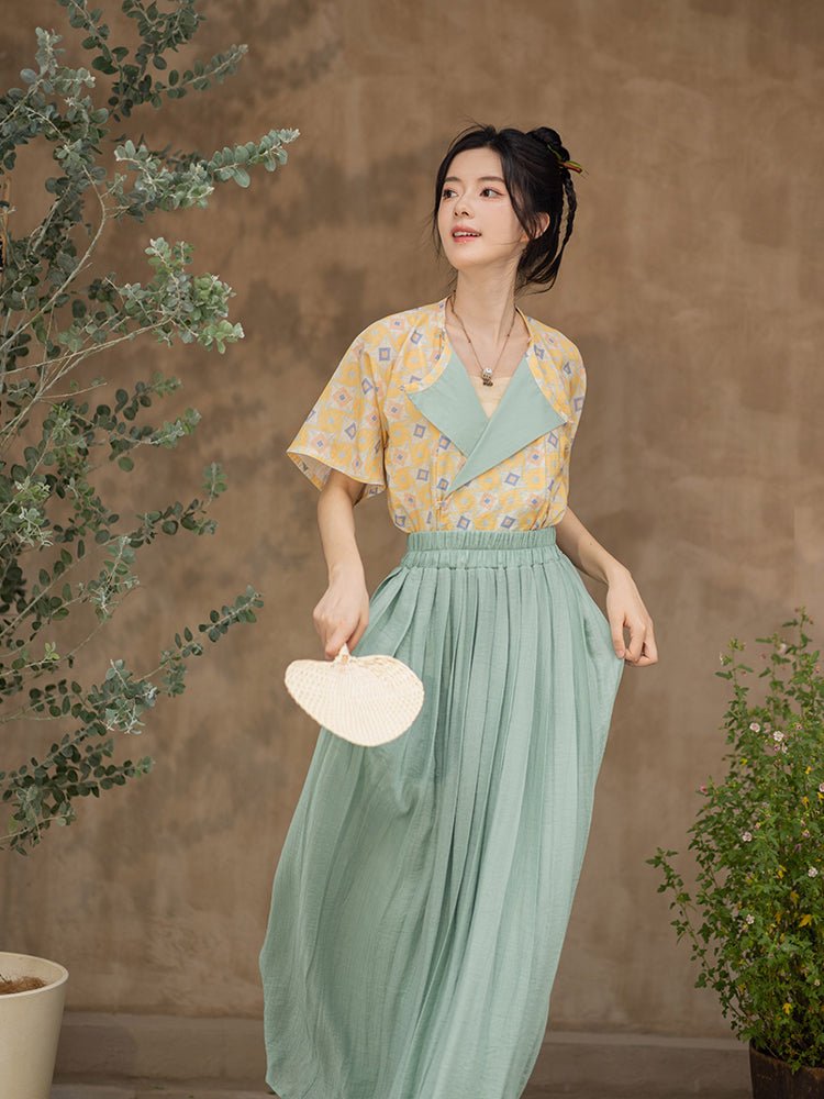 chinese tang dynasty women's summer yellow shirt - Jianxi Hanfu