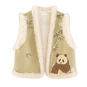 Chinese tang dynasty women's winter clothes green beizi cute panda- Jianxi Hanfu