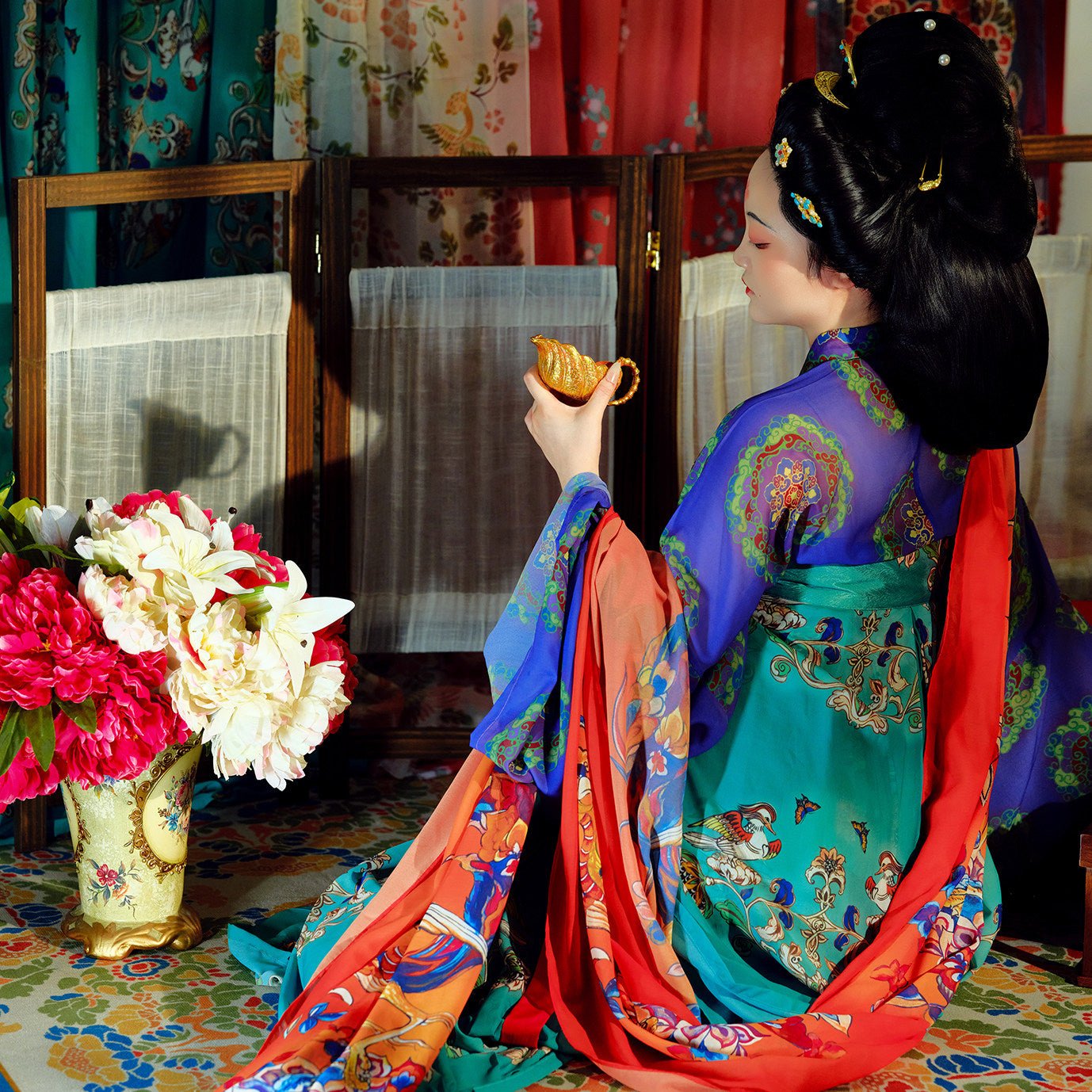chinese tang dynasty yang guifie women's plus size hanfu blue duijin shirt - Jianxi Hanfu