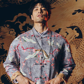 Grey tang suit chinese style men's hanfu white crane - Jianxi Hanfu