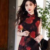 Vintage and Elegant Sleeveless Qipao Cheongsam - Rose - Jianxi Hanfu