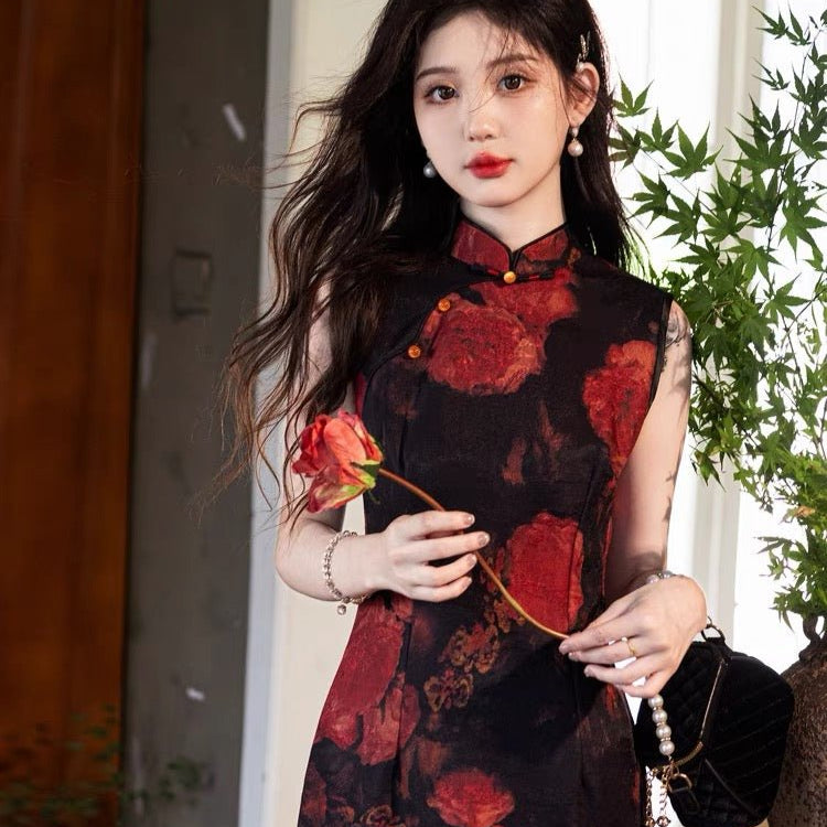 Vintage and Elegant Sleeveless Qipao Cheongsam - Rose - Jianxi Hanfu