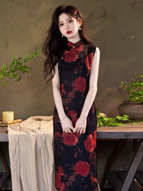 Vintage and Elegant Sleeveless Qipao Cheongsam - Rose - Jianxi Hanfu